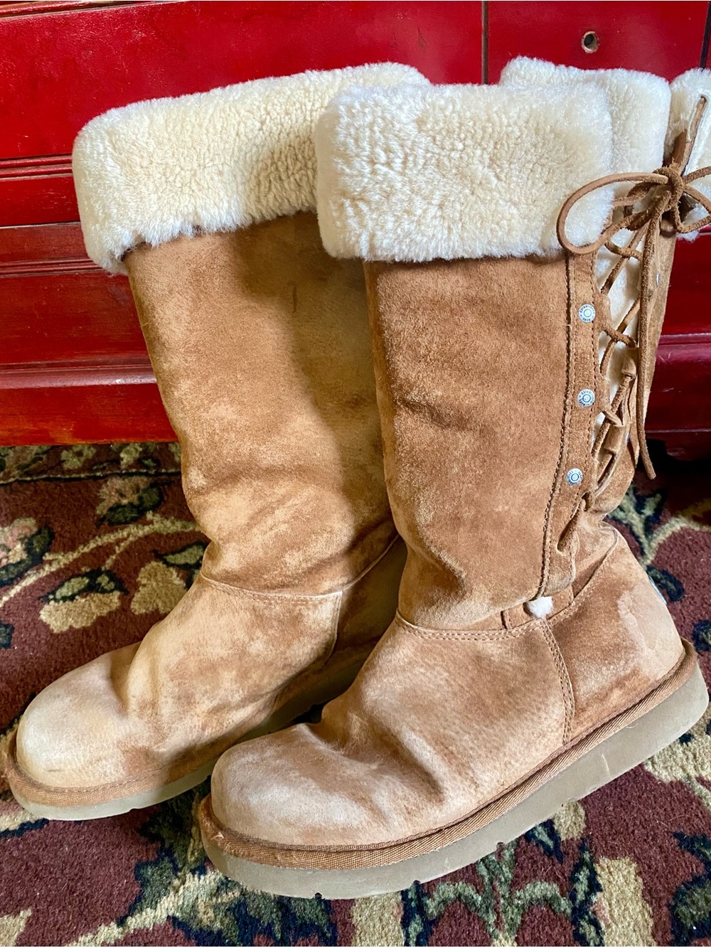 UGG Chestnut Suede Shearling-Lined Lace-Up Back Winter Boots